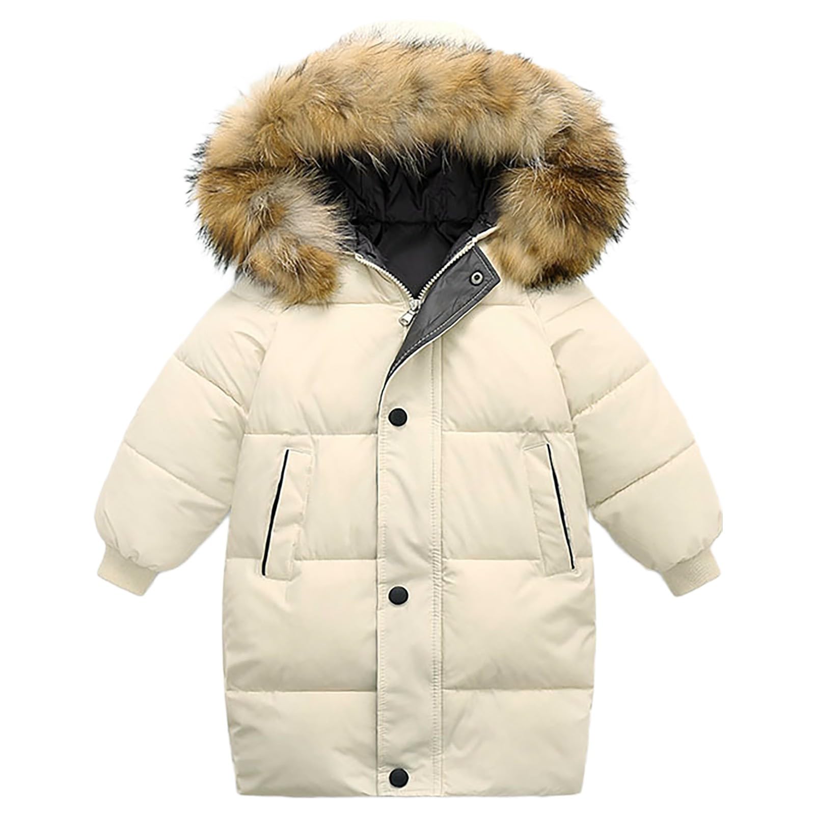 Girls Boys Down Jacket Winter Outerwear Hooded Down Coat Thicken Warm Mid Long Puffer Jacket (Beige, 5-6 Years)