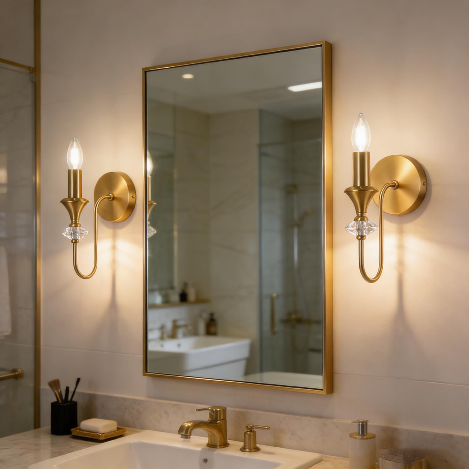 Gold Brass Wall Sconces 1-Light Antique Wall Sconces with Crystal Decor Candle Wall Lamp Vintage Mid Century Wall Light for Living Room Bedroom Hallway, E14 Base
