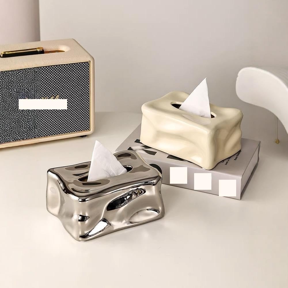 Tissue Box Holder Ceramic Tissue Box Irregular Texture Home Living Room Office Desktop Organizer White, Silver Facial Tissue Box Cover(Silver)