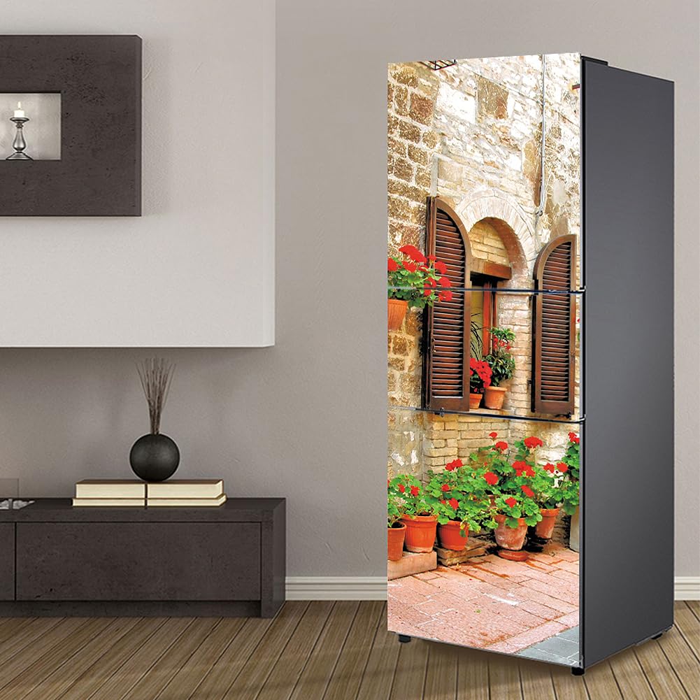 Myxjx One Color Fridge Wrap, Full Covering Door Fridge Covers Skins Wall Stickers For Kitchen Decal, Retro French Flower Alley Street View