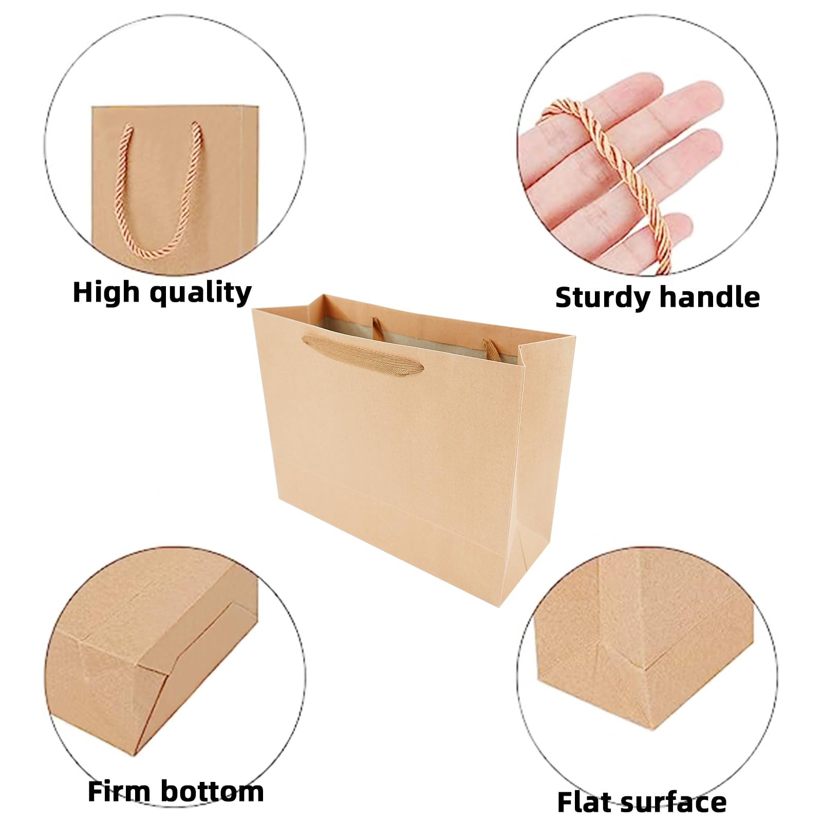 12 x Sacs en papier, Sacs cadeaux avec bord noir laminé mat, Sacs cadeaux en kraft avec poignées pour anniversaire, mariage, Noël, fête, shopping, baby shower, vente au détail, 35x13x26 cm (Marron)