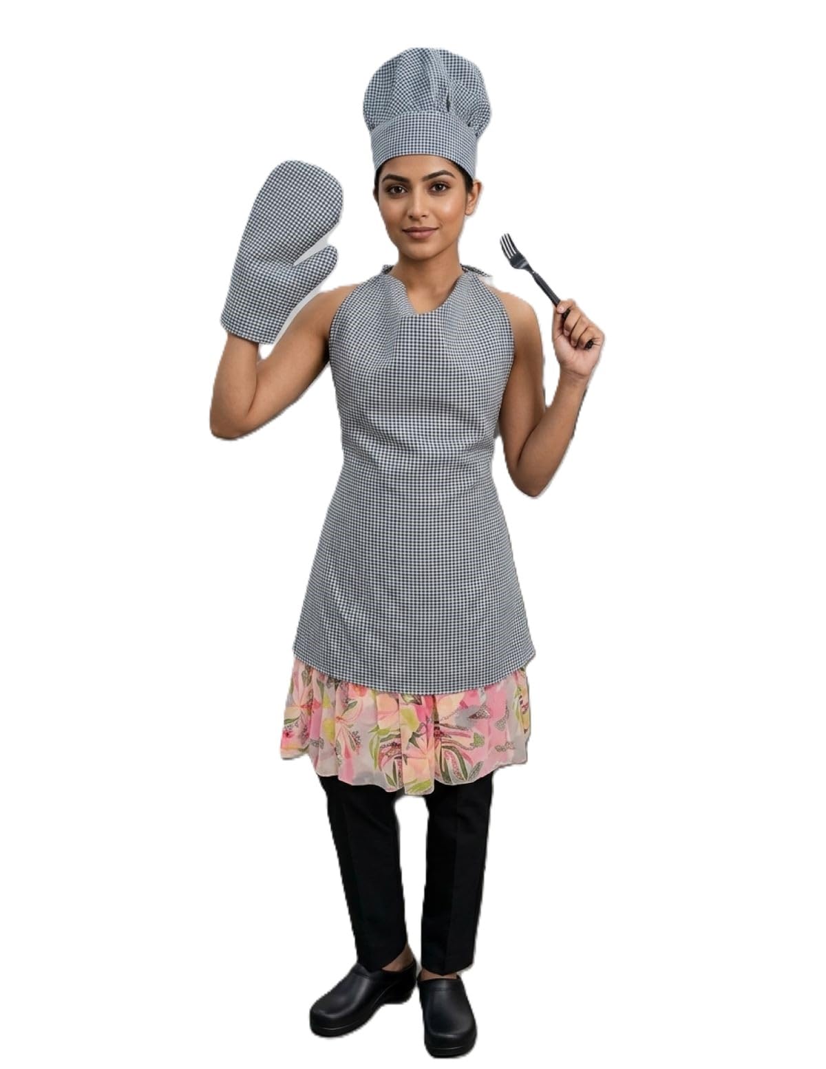 BookMyCostume Grey Check Unisex Apron Set with Chef Cap & Mitten | Cooking Apron for Kids & Adults | Unisex Apron Costumes for Kitchen, Baking, Housework & Role Play Costume | 4-5 Years-picture-10