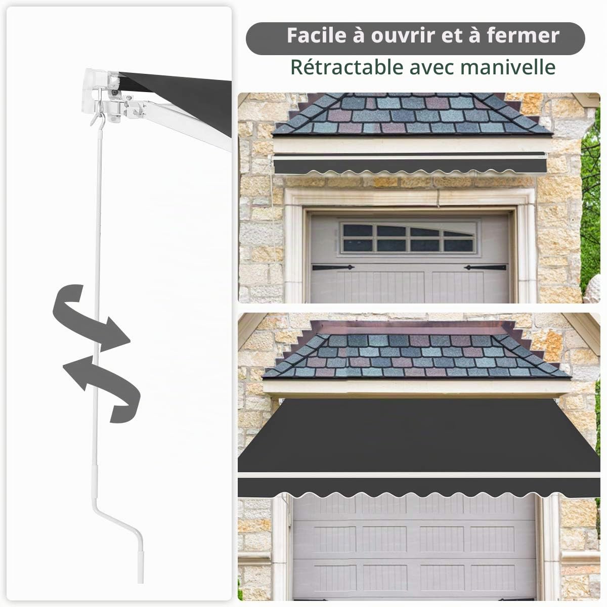 FANTASK Store de terrasse avec Une Longue poignée de manivelle UPF50+ - 300 x 250 cm (Gris)