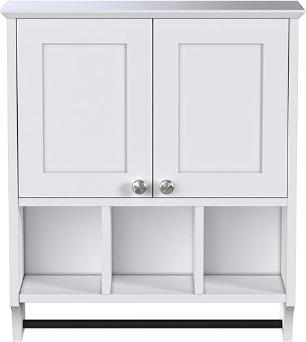 Miniatura 8 de Botiquín de baño, armario de baño montado en la pared sobre el inodoro con toallero, 2 puertas y 3 estantes abiertos, color blanco