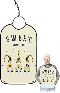 QueenKer Funny Adult Bibs for Eating, Sweet Gnomes Bee Sunflower Daisy Yellow Waterproof Clothing Protector Washable Adult Bib with Crumb Catcher for Men Women Elderl and Seniors