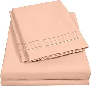 King Size Sheet Set with Built-in Sheet Straps - Deep Pocket Fitted Sheet, Flat Sheet & Pillowcases - Soft, Wrinkle-Free, Secure Fit - Peach