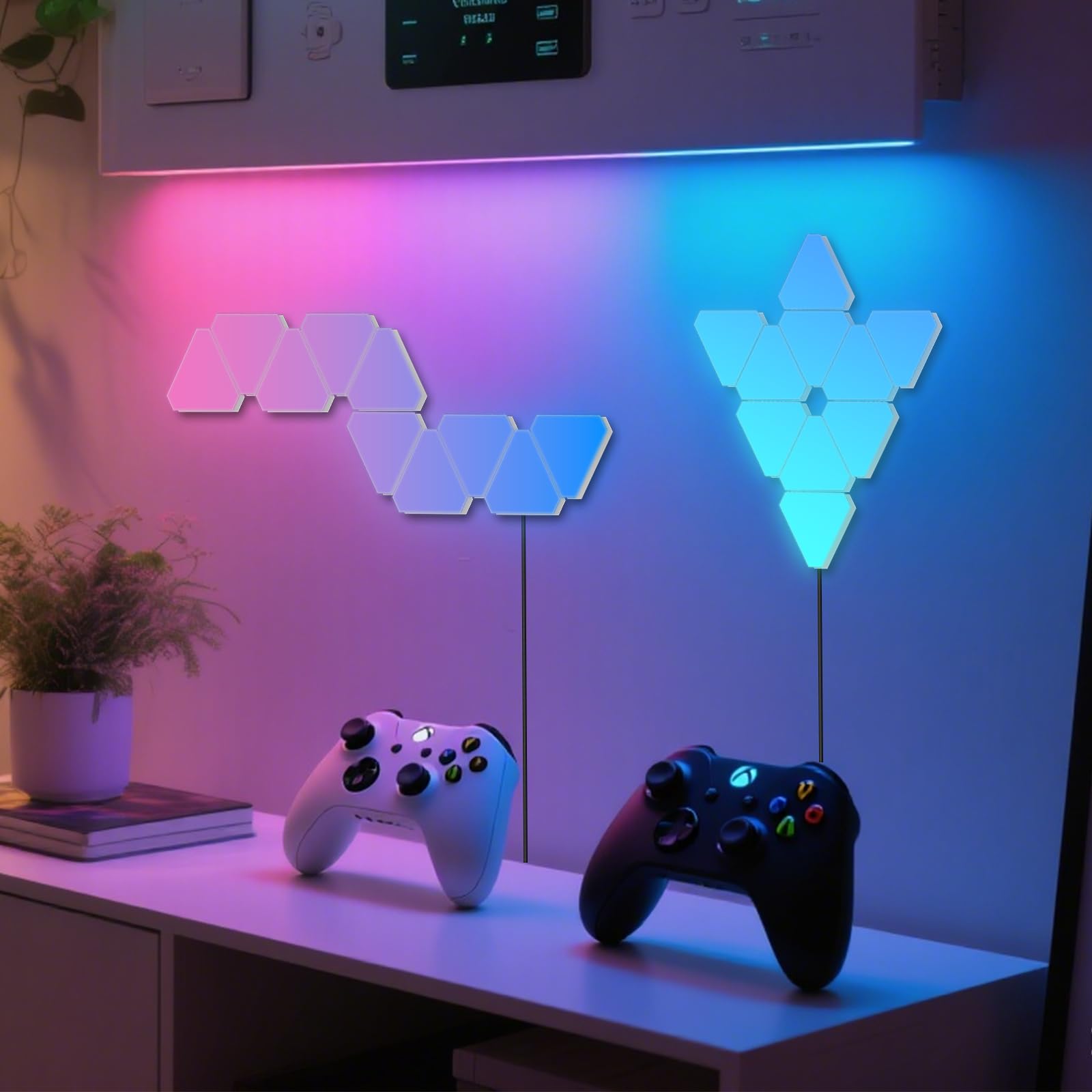 10 pannelli da gioco a LED, LED Smart Wandleuchte Wifi RGB con IC Musik Sync Wandbeleuchtung Triangoli, App Steuerung funktioniert mit Alexa Google Zimmer und Gaming Deko
