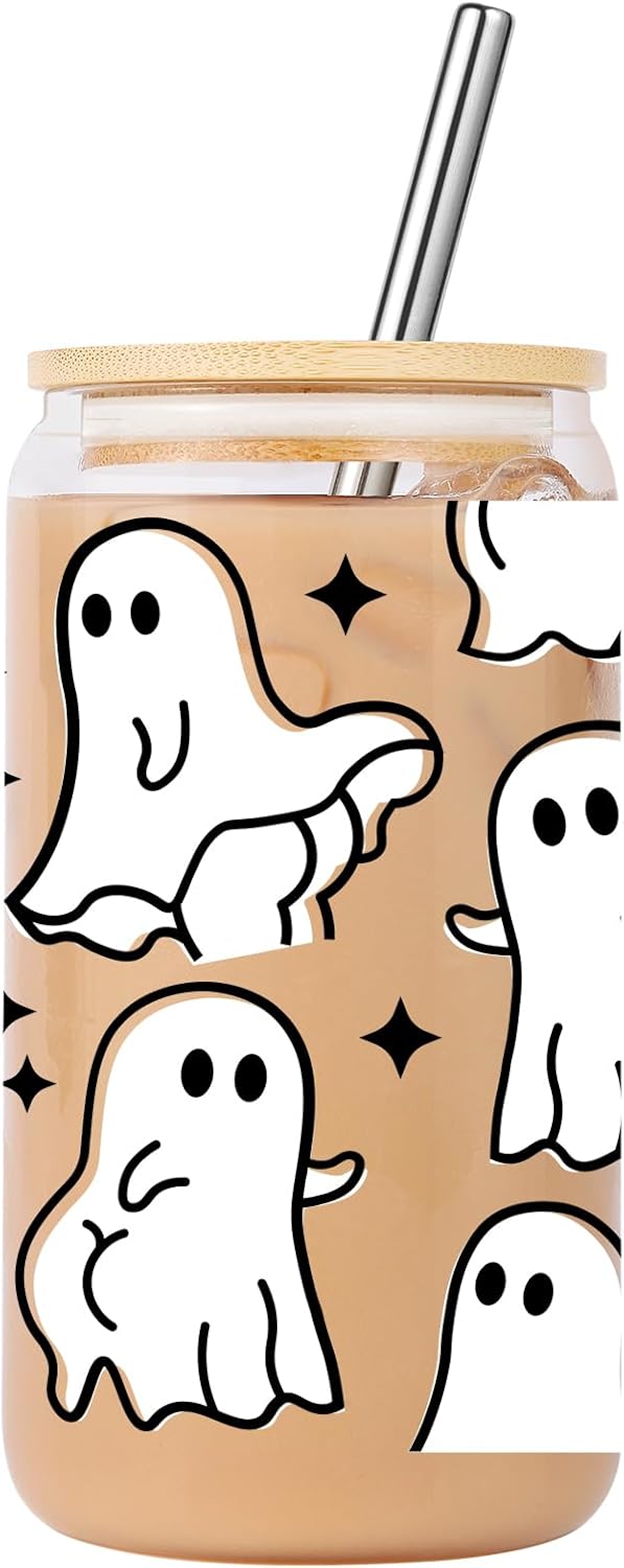 Cute Halloween Ghost Glass Tumbler with Lid and Straw, 16oz Iced Coffee Cup, Spooky Gifts for Halloween Lovers