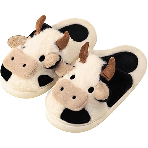 Gaolinci Cartoon Cow Cotton Slippers, Winter Indoor Outdoor Slippers for Women