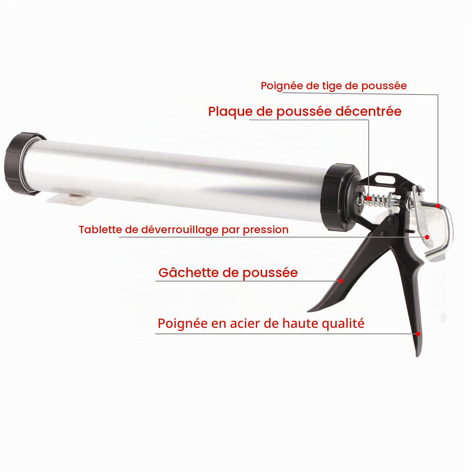 Pistolet à Calfeutrer Professionnel en Aluminium, 600 ml, avec 10 Buses, pour Mastic et Silicone