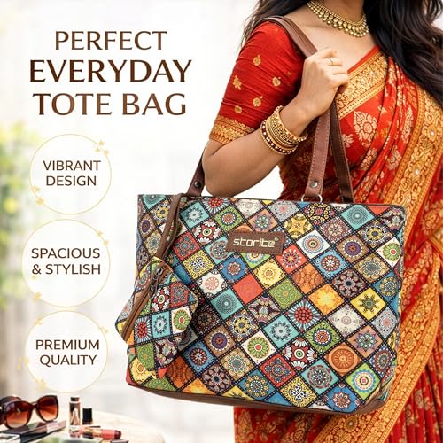 Image of Storite Women's Tote Bag with Leather Handles & Embroidery Printed Handbag with Zip Pockets, Shoulder Tote Bag and Handbag for Office and College