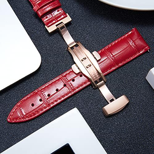 BINLUN Leather Watch Strap, Quick Release Genuine Leather Replacement Watch Band with Butterfly Deployment Buckle for Men and Women, 12mm-24mm(Red-Rose Gold,17mm) - 3