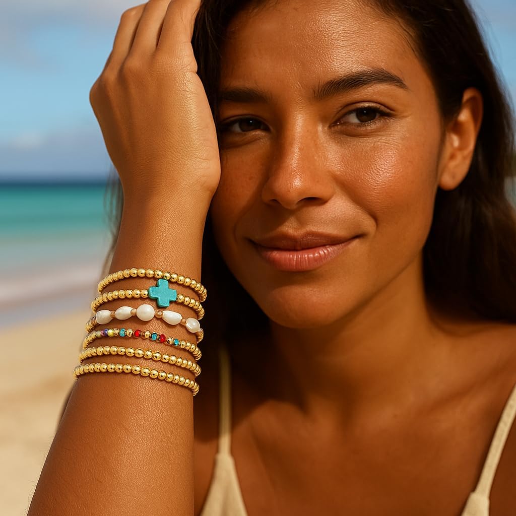 Gold Beaded Cross Bracelet for Women,14K Plated Adjustable Stackable Dainty Bracelets, Non Tarnish Fashion Jewelry Set Gifts for Women Birthday Friendship（Blue） - Image 2