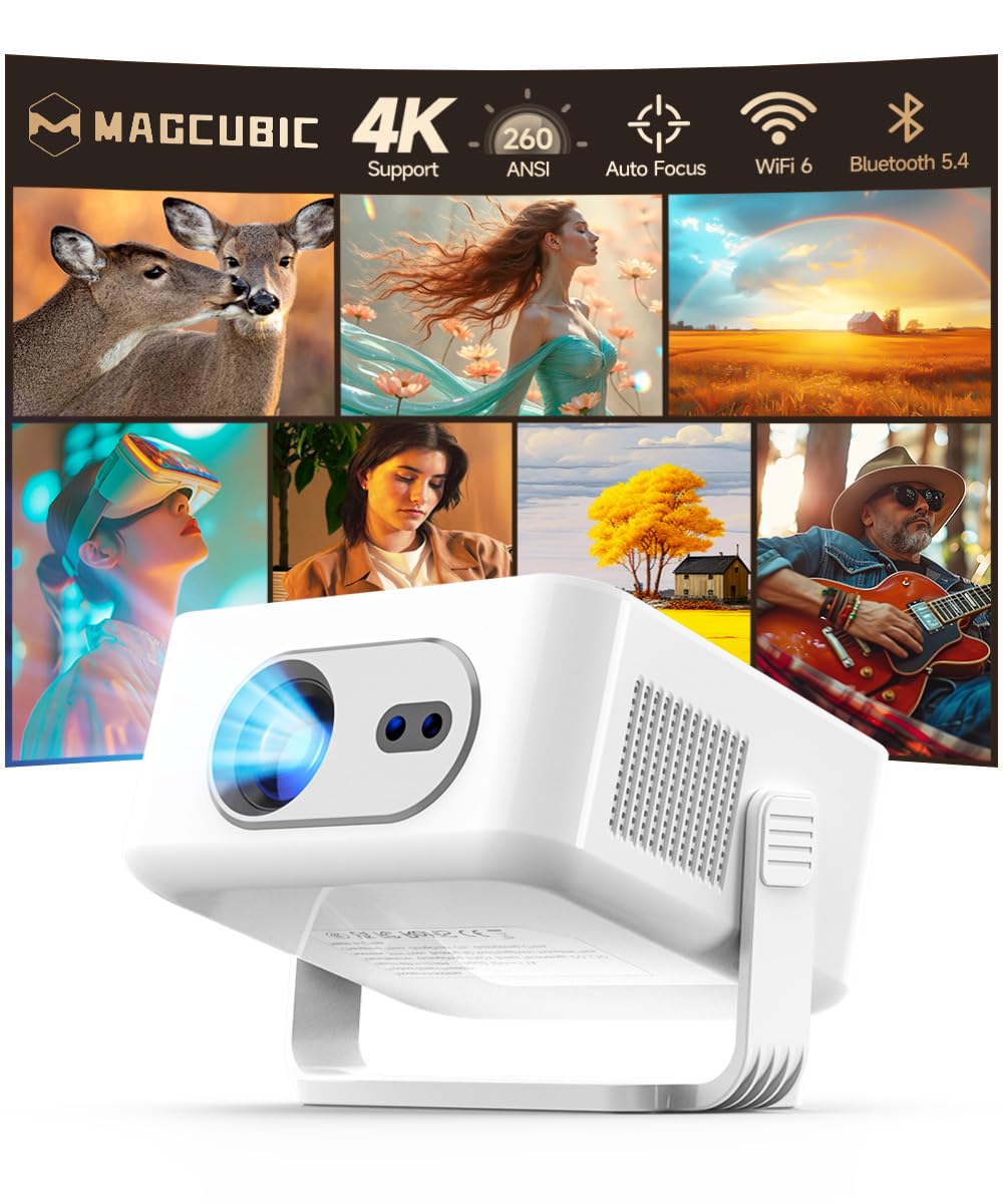 【Messa a fuoco automatica 4K 】Proiettore, Mini proiettore portatile 4K & 8K Full HD compatibile con 260ANSI, Videoproiettore WiFi6/ BT 5.4, Projector home cinema girevole a 180° per