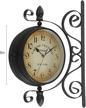 Double-Sided Vintage Wall Clock, Outdoor Garden Clock Train Station Vintage Mounted, 8-Inch, for Lobby and Porch