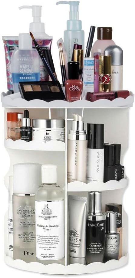 360 Rotating Cosmetic Makeup Organizer, Gilberta DIY Detachable Spinning Makeup Holder Storage Case,Adjustable Waterproof Makeup Caddy Shelf for Vanity/Countertop/Bathroom,Lace Side,White