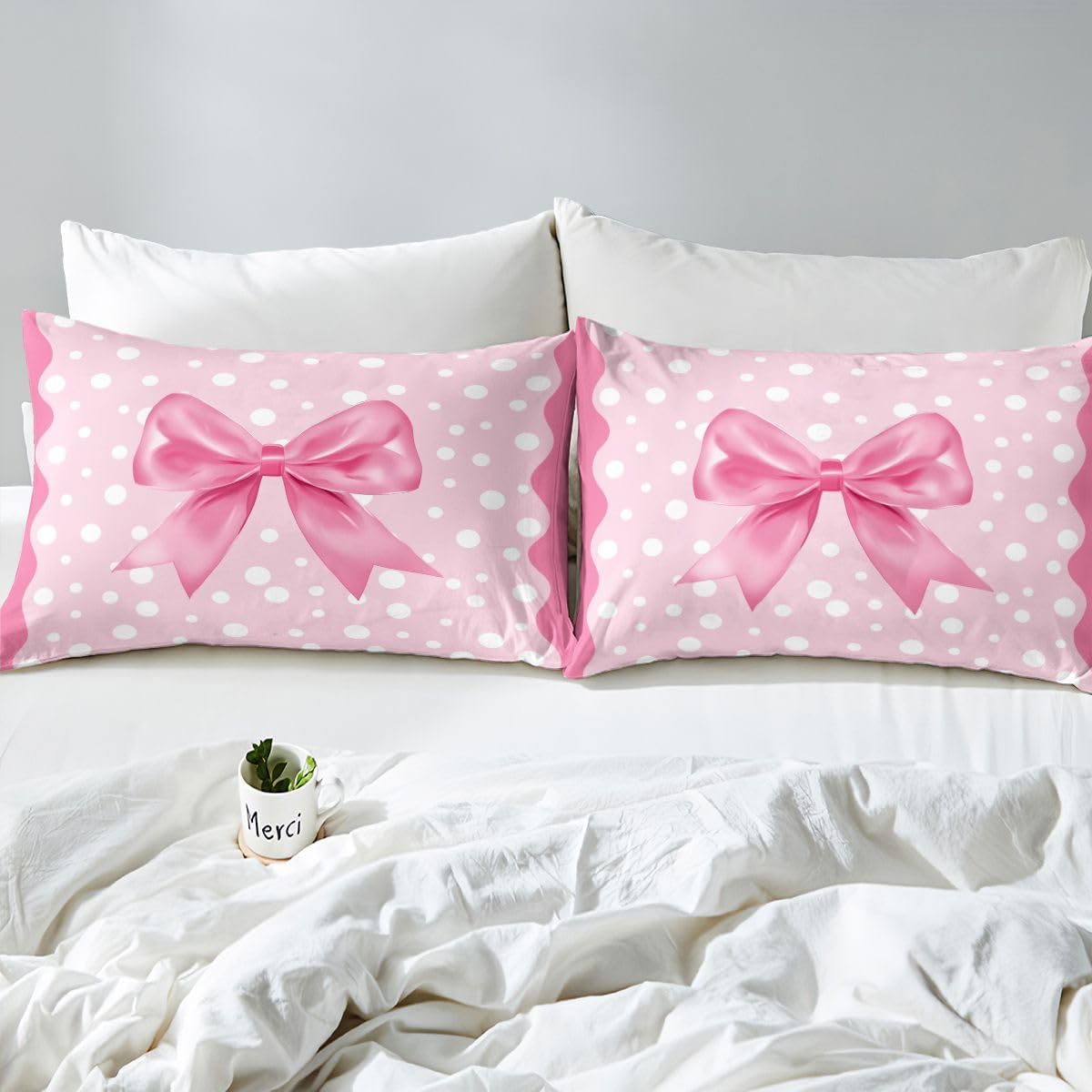 jejeloiu Cute Ribbon Bowknot Duvet Cover Toddler Size White Dots Print Bedding Set for Boys Girls Pink Bow Comforter Cover Princess Style Bedroom Decor 2Pcs