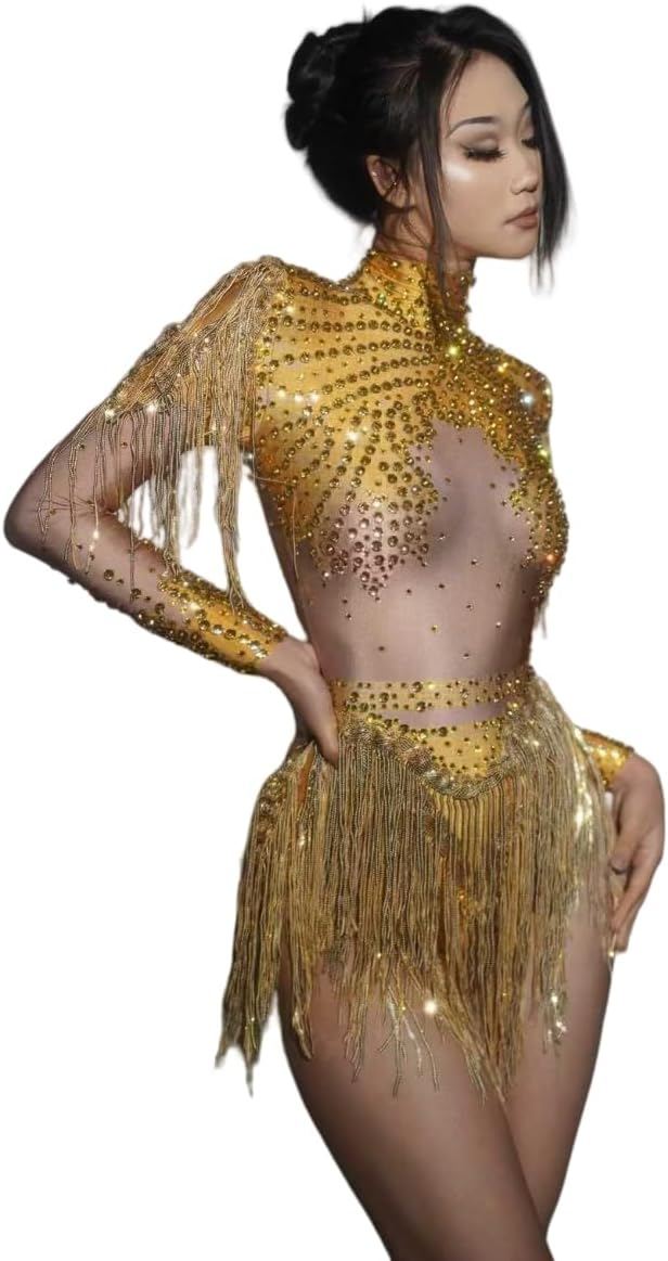 Latin Dance Bodysuit High Neck Mesh See Through Bodysuit with Rhinestones&Fringes,Sparkly Performance Outfit
