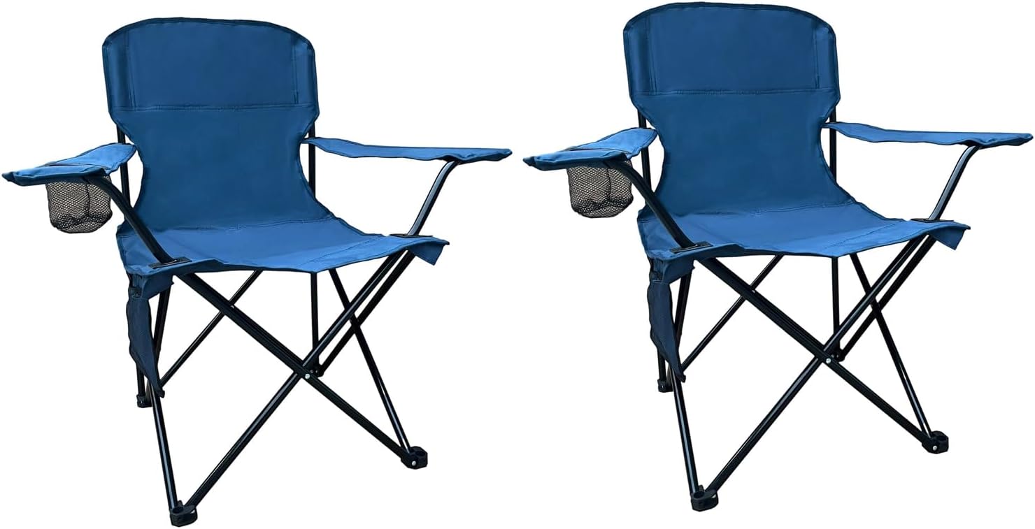 2PCS Folding Camping Collapsible Chairs Heavy Duty Lawn Chair with Cooler Bag, Storage Pocket, Waterproof Bag Outdoor Arm Chair, Supports 225LBS, Cyan 2PCS Cyan