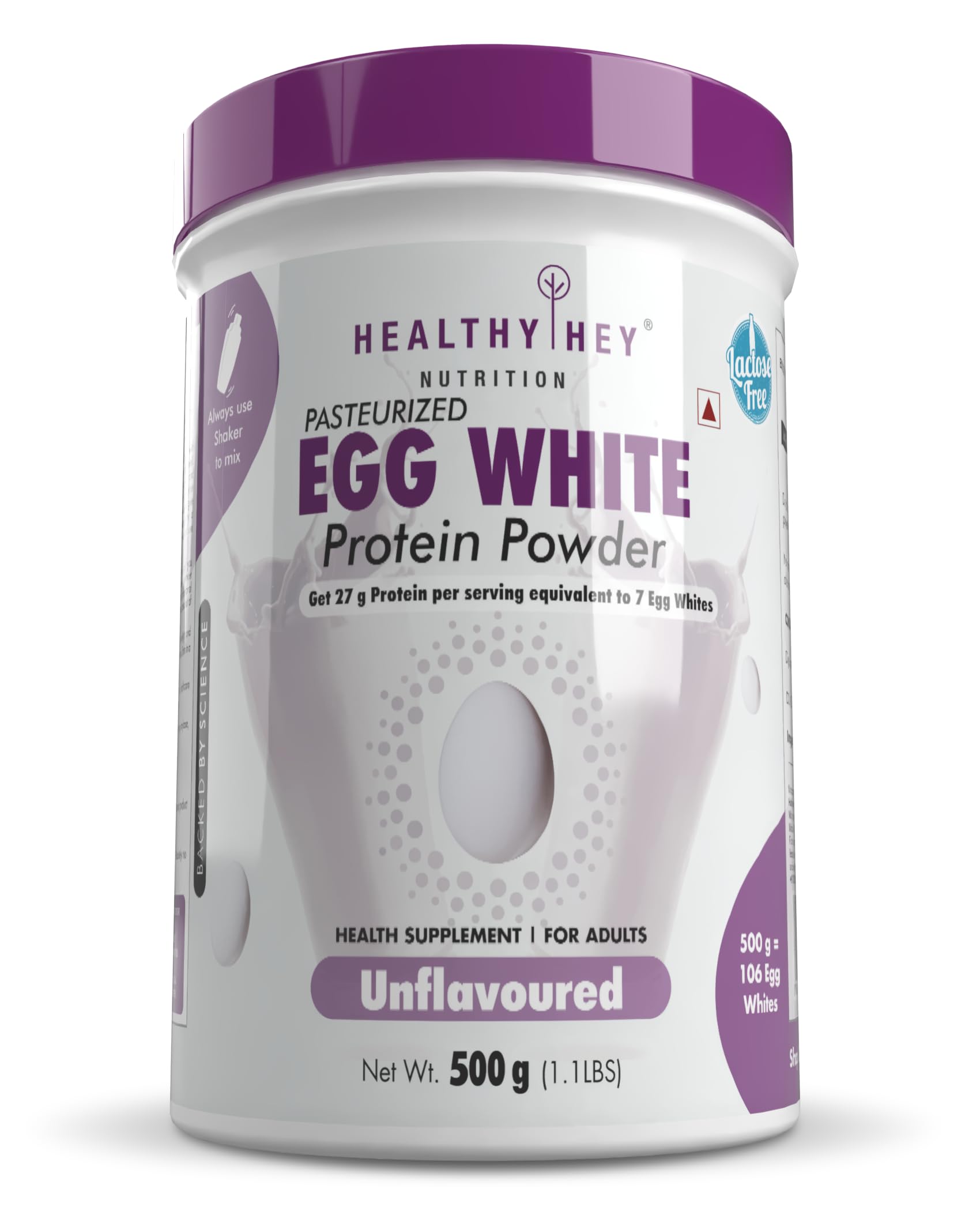 HealthyHey Nutrition 100% Egg White Protein - Low in purine - Instant Mix - 80% Protein - Non GMO & Lactose Free - 500g (Unflavoured), 16 Servings