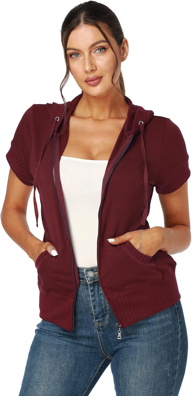 J.Corrine Women's Short Sleeve Hoodies Jackets Summer Casual Full Zip up Hooded Sweatshirts Outdoor Jackets with Pockets Burgundy Medium