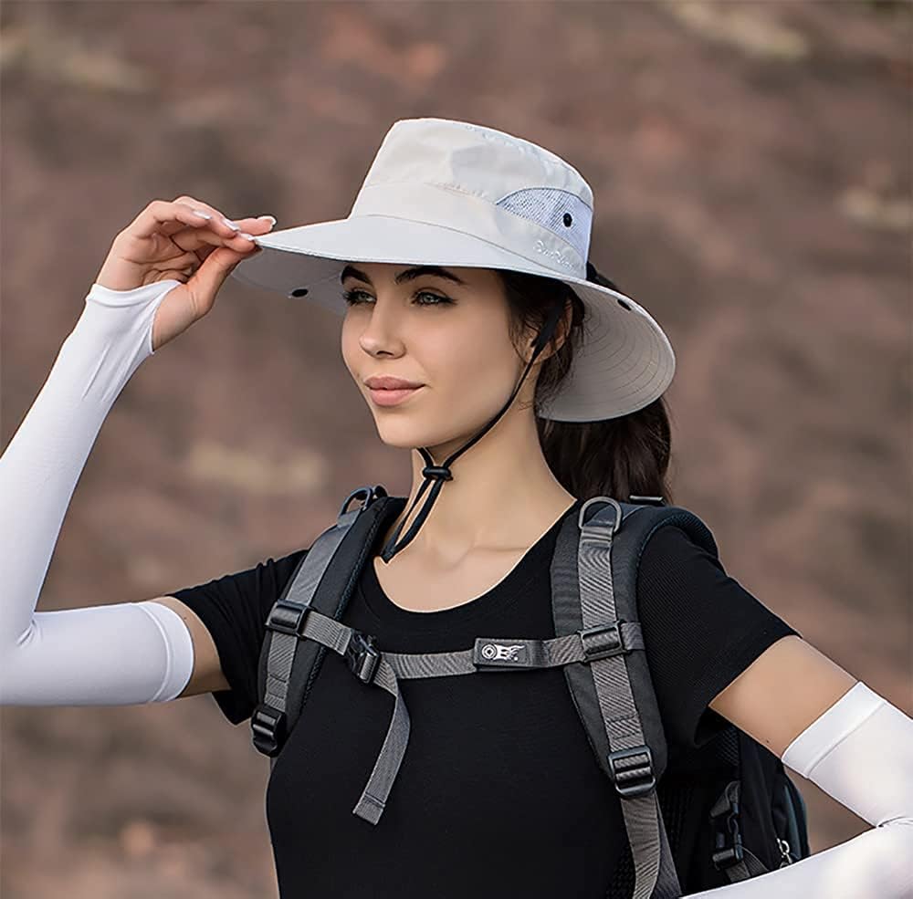 Womens Sun Hat with Ponytail Hole Outdoor UV Protection Beach Sun Hats Foldable Summer Wide Brim Bucket Hats