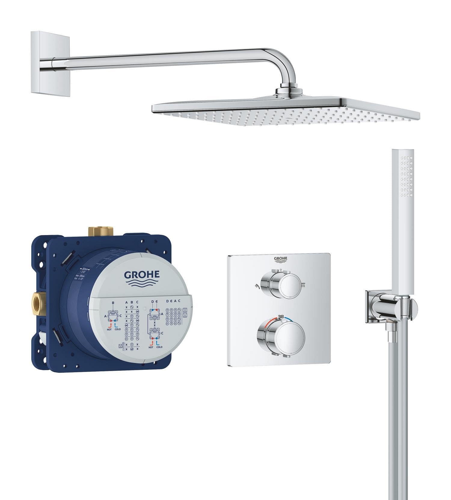 GROHE Precision Thermostatique, Ensemble de Douche Encastré 2 sorties, Douche de Tête Vitalio Rain Mono Cube 310, Douchette Vitalio Joy Cube Stick 1 jet, Flexible 1,5 m, Chromé, 34881000