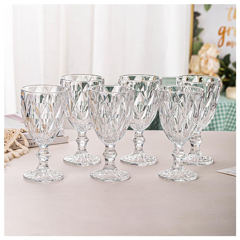 Amazon.com | Vintage Wine Glasses Set of 6, Plastic Reusable 12 Ounce  Colored Water Goblets, Unique Embossed Pattern Unbreakable Stemmed Wine  Glasses High Clear Wedding Party Bar Drinking Cups Clear: Wine Glasses