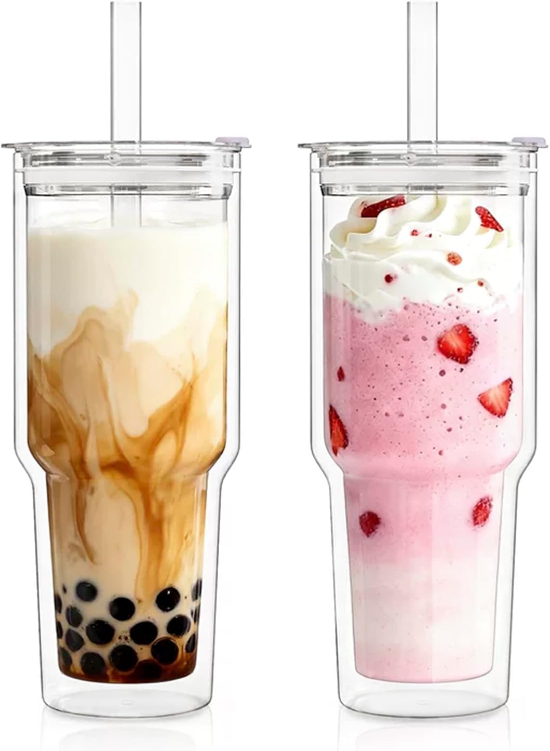 KEMORELA 28 oz Double Wall Glass Tumblers Set of 2, Extra-Wide 13mm Reusable Glass Drinking Straws, Boba Tumbler, Wide-Mouth Water Cups for Iced Coffee, Smoothies, Boba & Tea Lovers