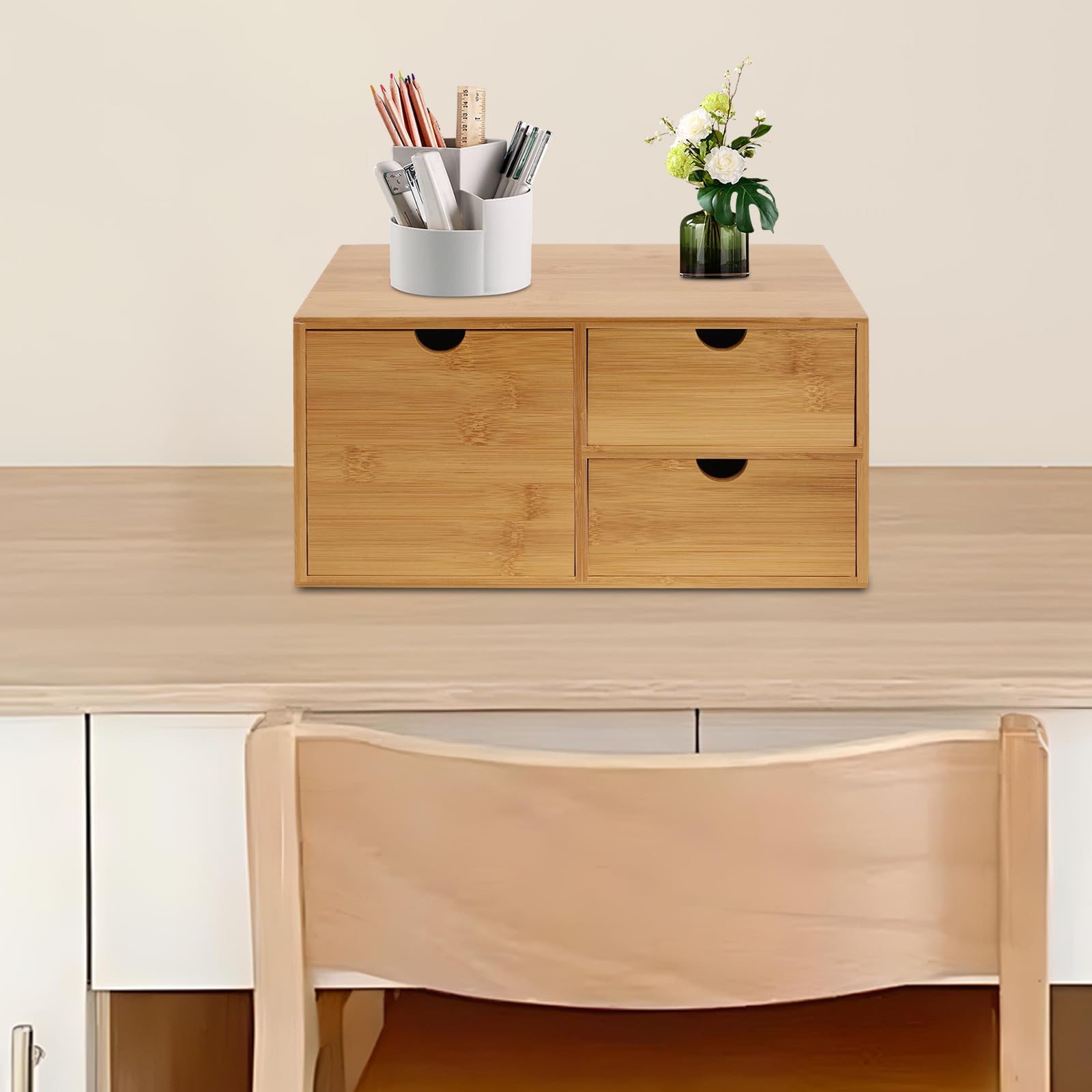 Organizer da scrivania in bambù con cassetti, contenitore multifunzione per francobolli, appunti adesivi, graffette, penne, fatture, biglietti da visita, 33 x 19 x 16 cm, per un ufficio ordinato