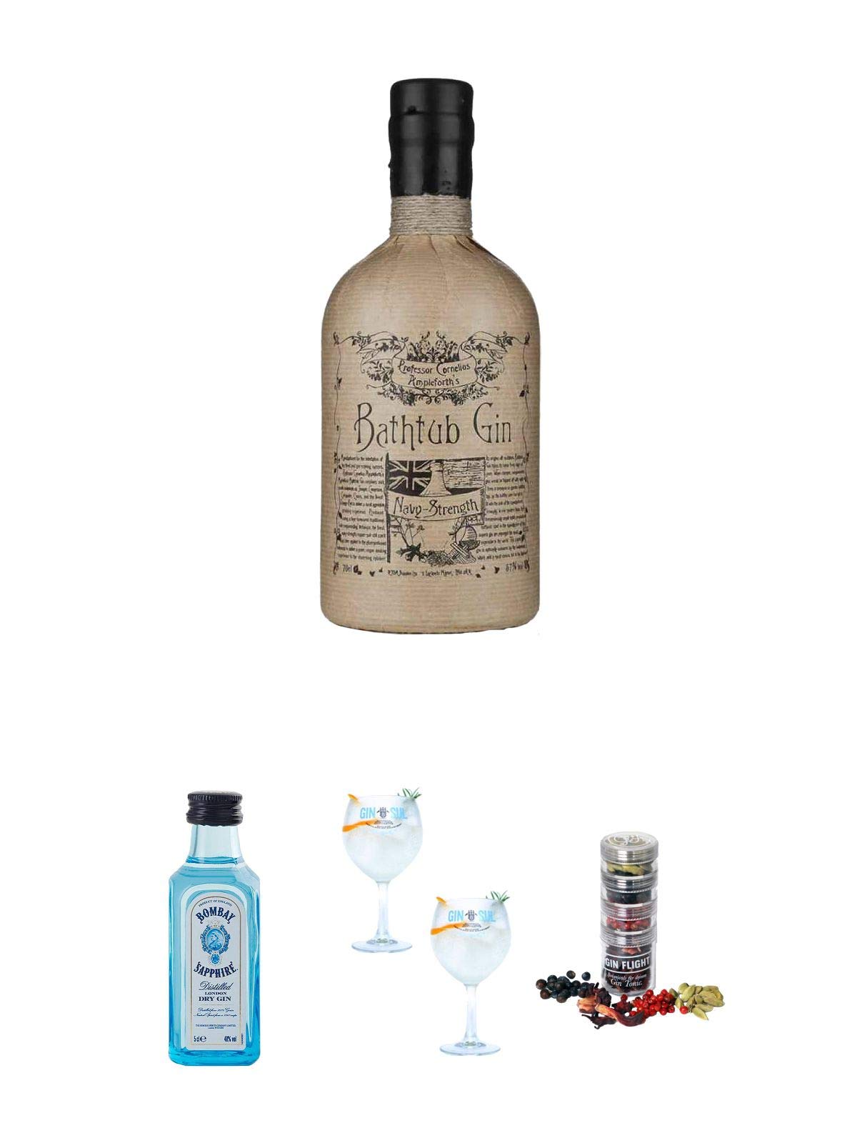 BATHTUB Navy Strength 57% 0,7 Liter + Bombay Sapphire Gin 5 cl Miniatur + Gin Sul Copo Ballon Glas 2 Stück + Gin Flight Gewürze zum Verfeinern von Gin Tonic 1er Pack 1 x 12 Gramm