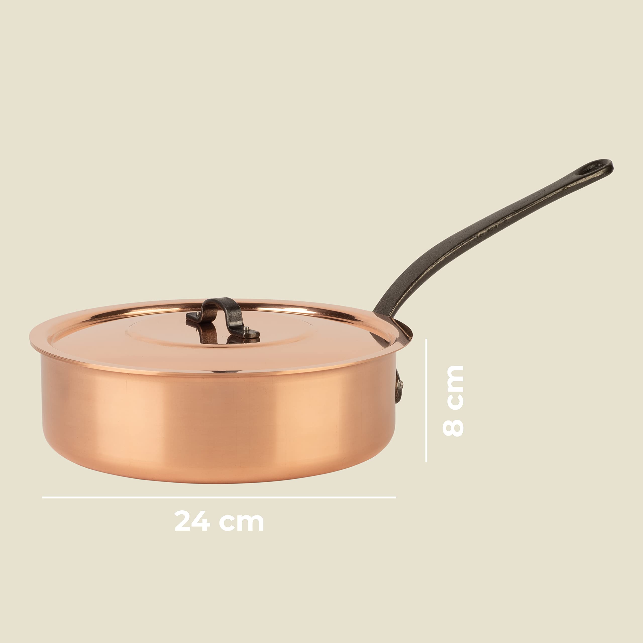 Kupfersauteuse verzinnt mit Gusseisengriff und Deckel Ø 24 cm | traditionelle Schmorpfanne aus massivem Kupfer | Pfanne aus Frankreich mit hohem Rand (24 cm)