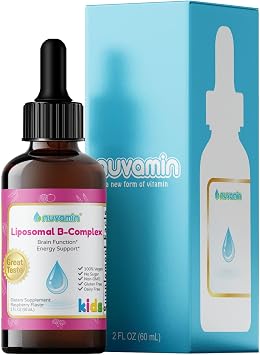 Nuvamin Liquid Liposomal B-Complex Drops for Kids Baby Toddlers & Adults, 2Fl.Oz 60ml, 120 Daily Serving. B1, B2, B3, B5, B6, B7, B9, B12. Great Taste - Natural - High Absorption, Raspberry Flavor