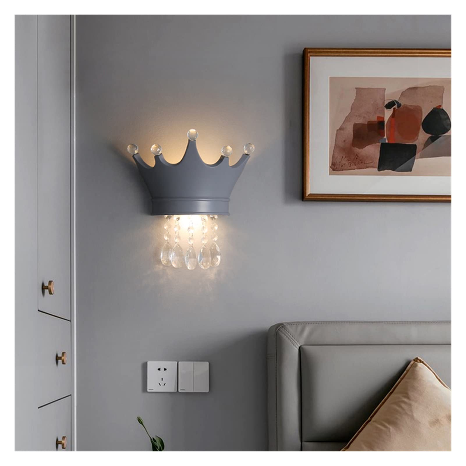 VDOQTLJT Wall lamp Modern Simple Lamps American Crown Crystal Light Fixture - Living Room Background Lamp Bedroom Bedside Led Lights Sconce(Gr,WarmWhite)