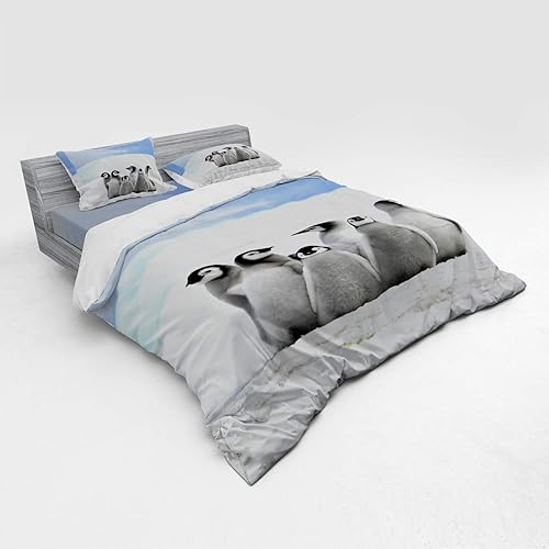 Miniatura 2 de Lunarable Underwater Duvet Cover Set, Young Penguins Arctic Animals Picture Background Snow Pile and Winter Sky, 4 Piece Bedding Set with Shams and
