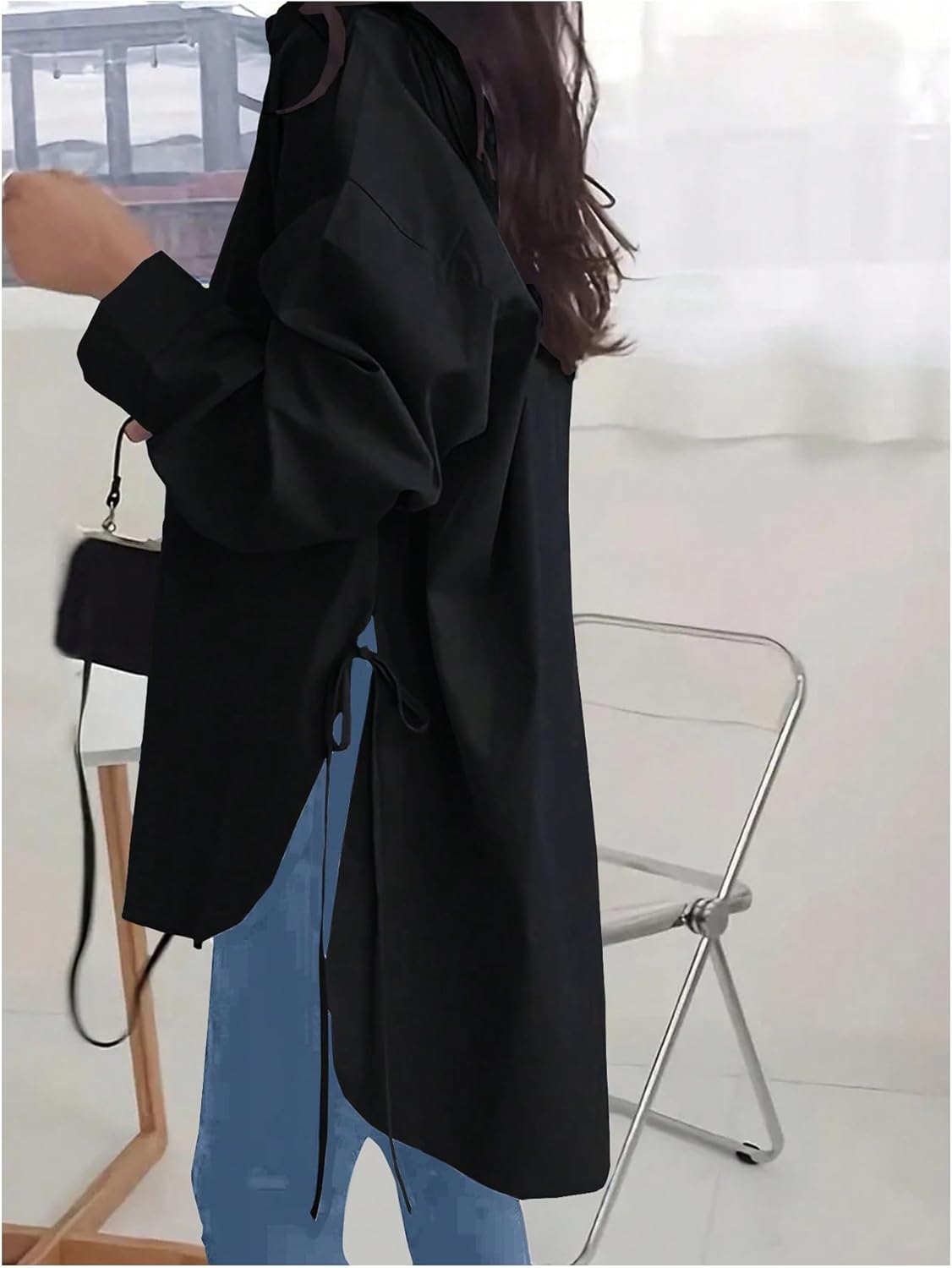 Verdusa Women's Oversized Button Down Shirts Split High Low Long Sleeve Blouses Tunics Tops - Image 3