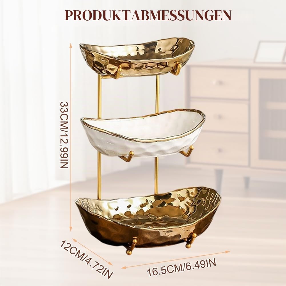 3-Schicht Obstschale Keramik mit Metallgestell, Obstschale Etagere, Elegante Etagere zum Servieren von Obst, Gemüse & Snacks, Deko Schale Für Küche und Wohnzimmer (Farbmischung)