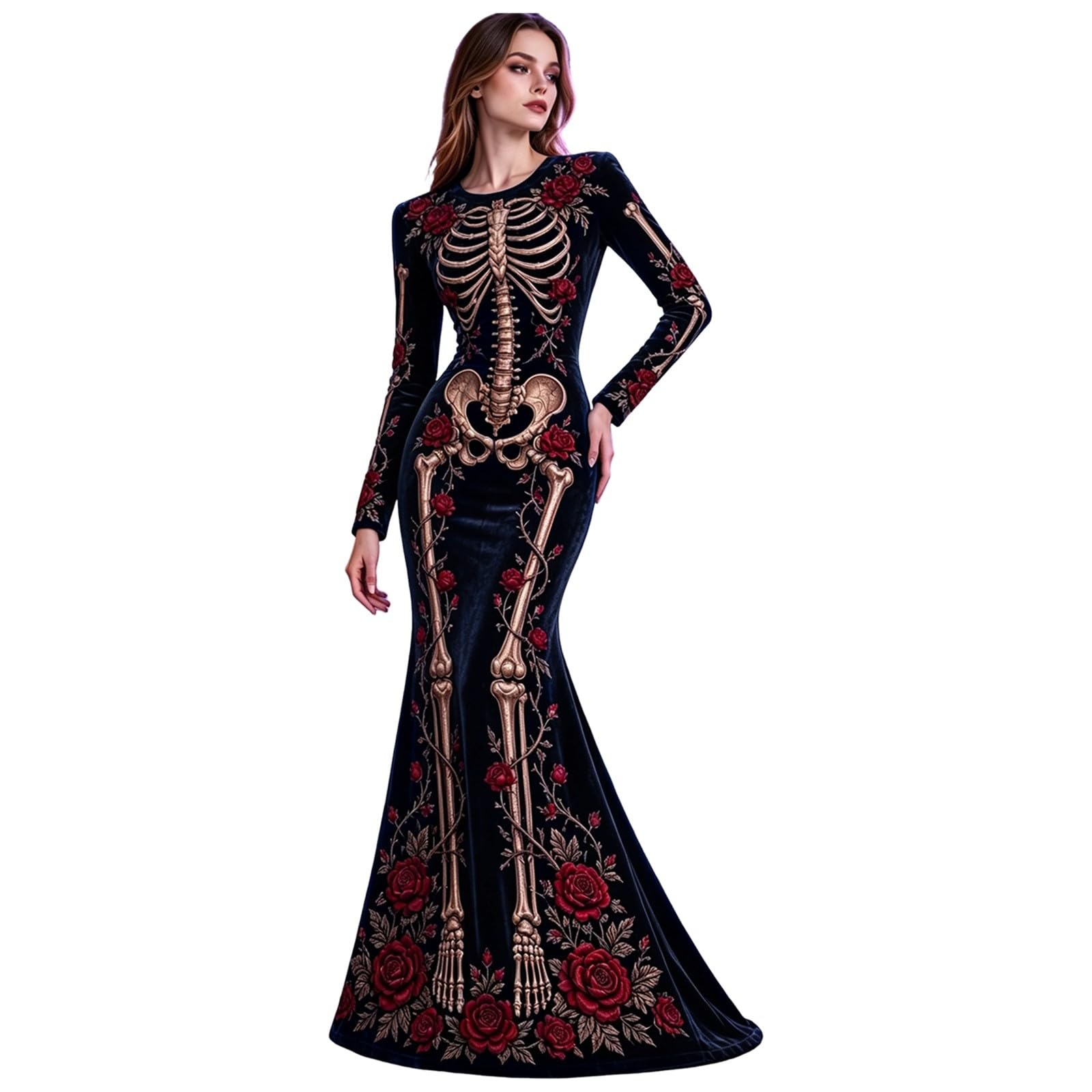 Women's Skeleton Print Mermaid Maxi Dress Long Sleeve Halloween Dresses for Women 3D Digital Print Floral Gothic Fancy Dress Costume โ image 1