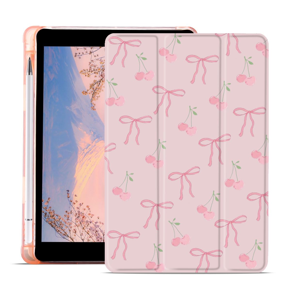 JOYLAND Cute Cherry Bowknot Case for iPad Air 4 2020/iPad Air 5 2022 10.9 Inch with Pencil Holder Lovely Bow Preppy Pink Girly Cover Auto Wake/Sleep