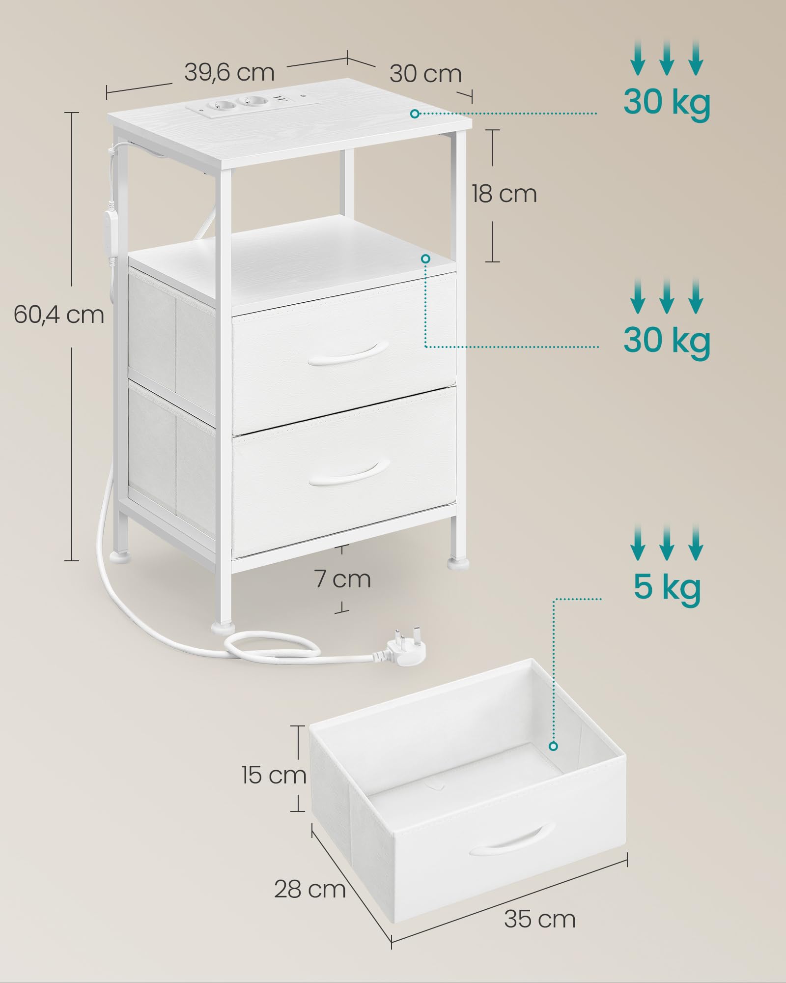 SONGMICS BELLAH Collezione - Comodino con Stazione di Ricarica, Tavolino con LED Regolabile Controllato da APP, 1 Ripiano Aperto e 2 Cassetti, Camera da Letto, Bianco Nuvola e Bianco Neve LGS302WH03