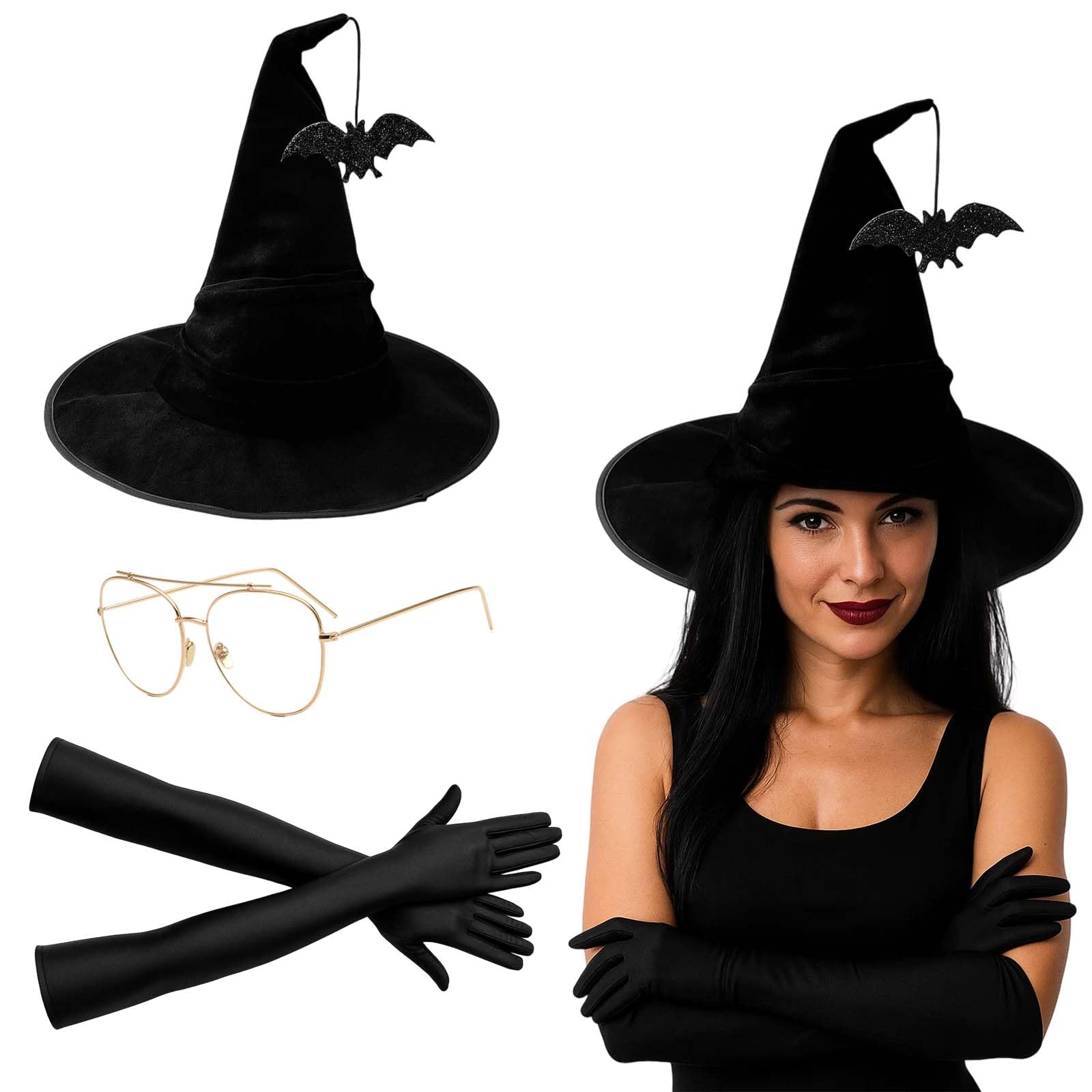3 Pcs Halloween Hats for Women Accessories Wizard Hat with Bat Pendant, Gold Rimmed Glasses, Elegant Black Gloves
