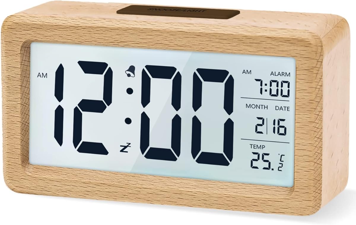 aboveClock Digital Alarm Clock, Wooden Bedside Clock with Large LCD Backlit Display, Temperature, Snooze Function, Brightness Sensor, 3 AAA Battery Operated【Battery NOT Included】
