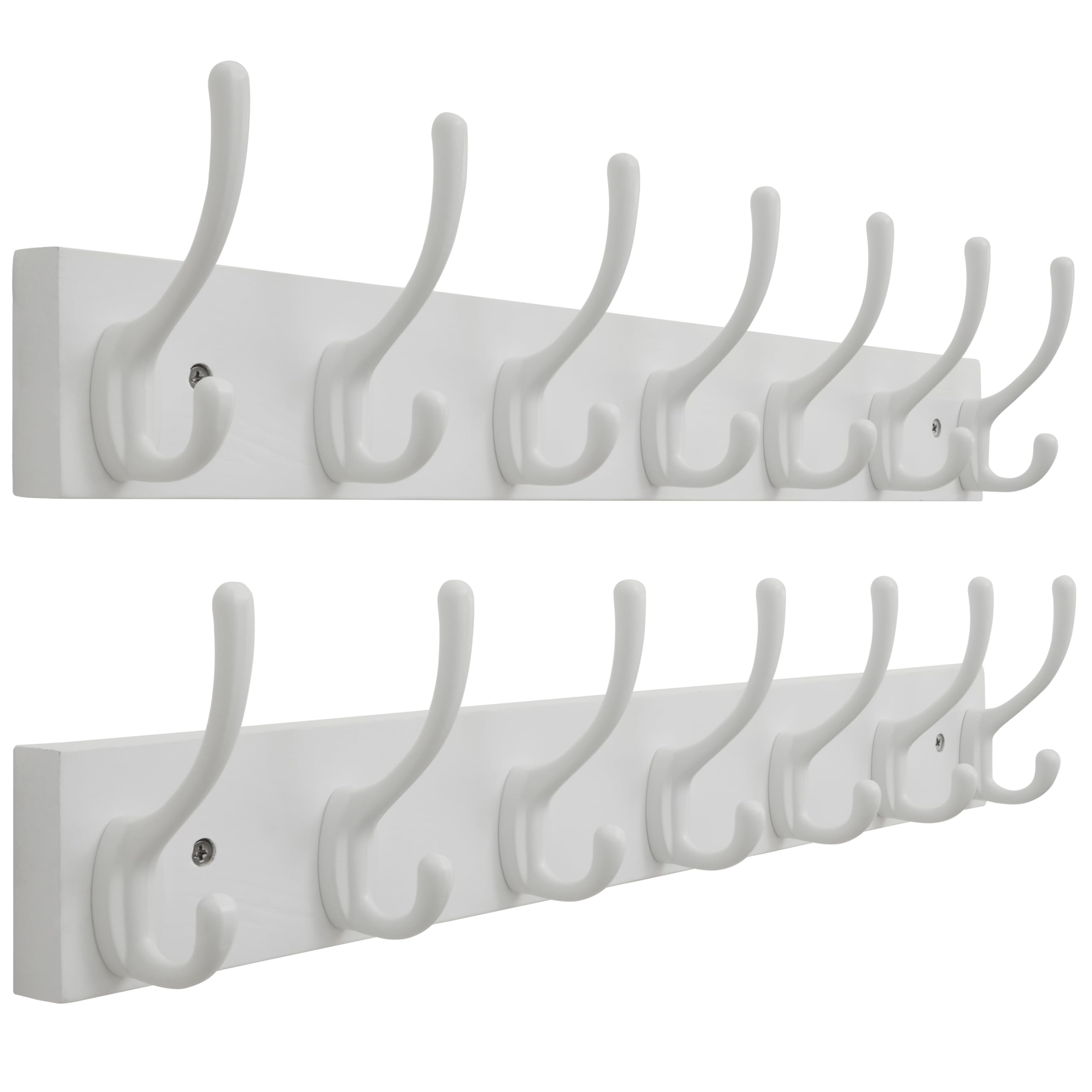 SKOLOO Solid Pine Wood Wall Mounted Coat Hooks, 50cm Long, Pack of 2, 7-Hook Modern Entryway Organizer with 16" Stud Installation, for Hallway, Bathroom, Kitchen (White Wood & White Hooks)​