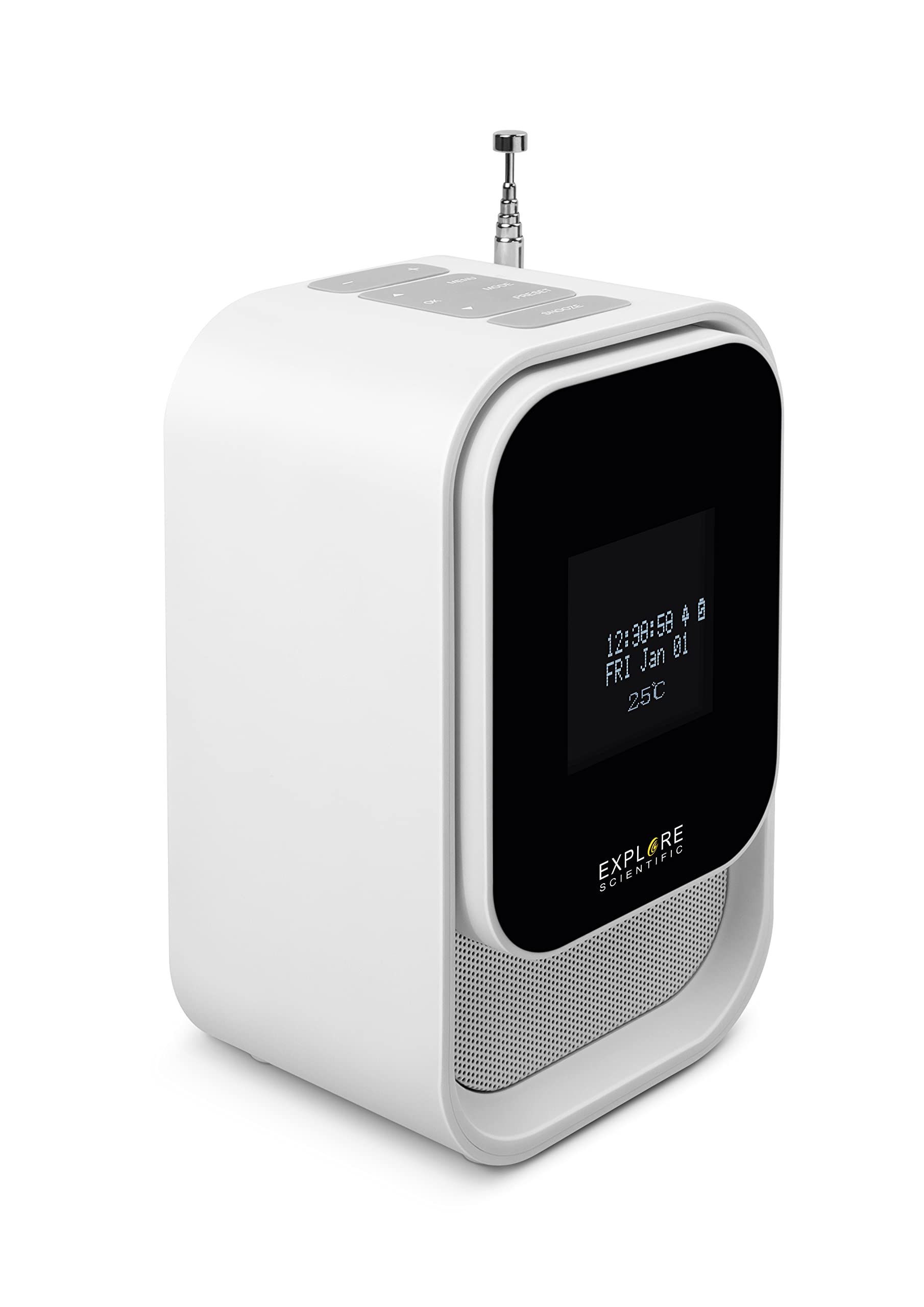 Explore Scientific BCR2001 - Radio Despertador con función Dab+, Bluetooth, Toma USB, batería Recargable, Color Blanco