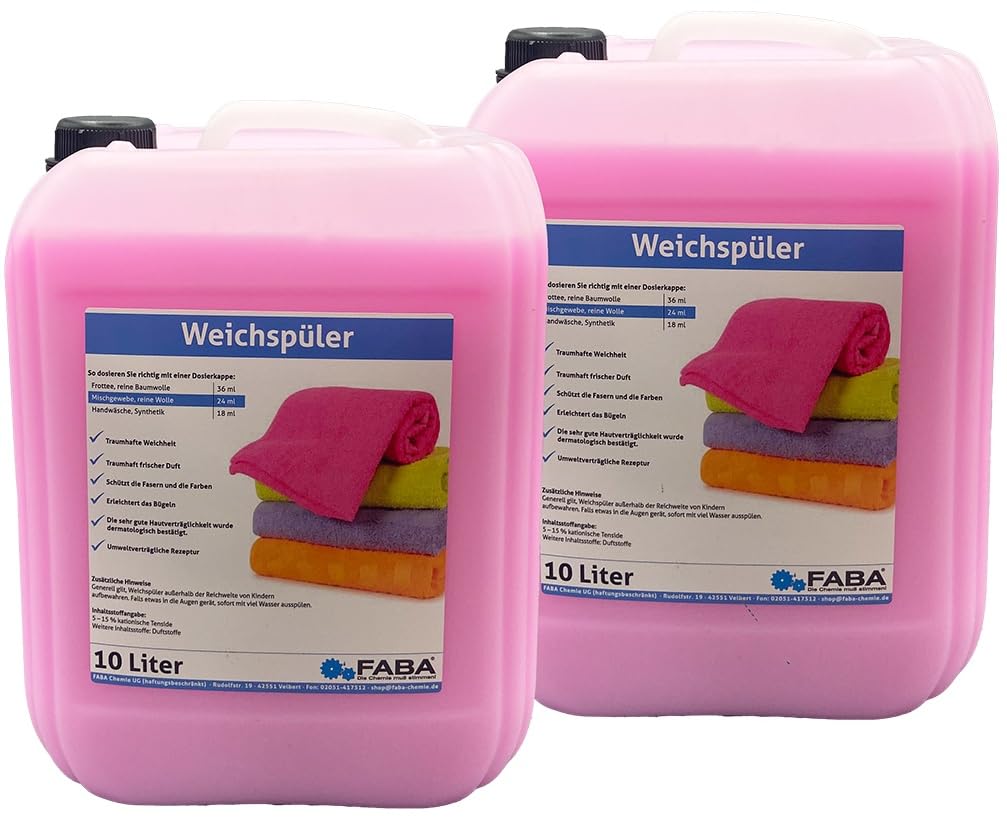 FABA Weichspüler rose 2 x 10 L für weiche Wäsche mit angenehm frischem Duft.