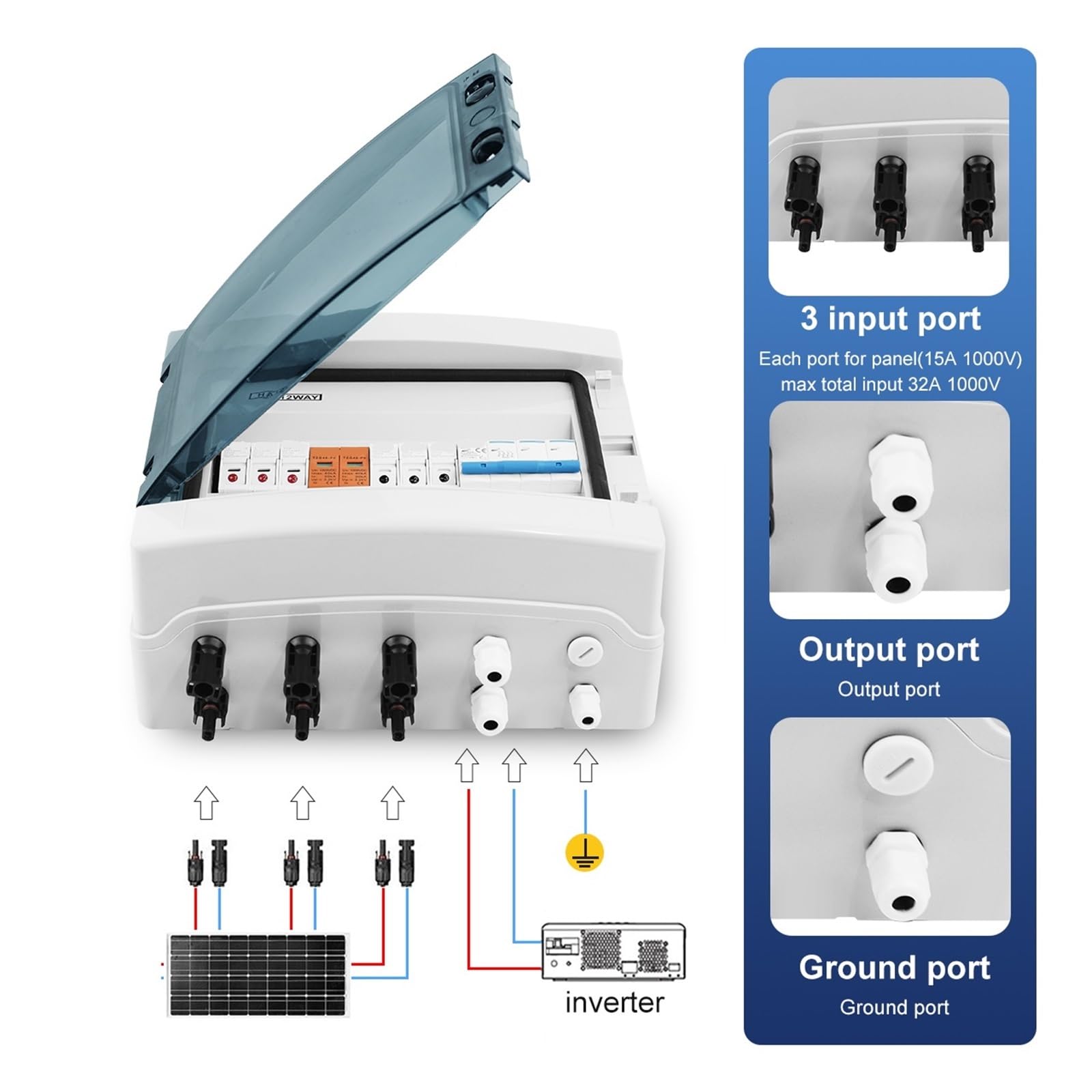 RWRAPS Boîte de Combinaison Solaire photovoltaïque PV avec Protection Contre la Foudre, 3 entrées 1 Sortie, fusible DC 1000V, boîte étanche IP65 12 Voies (Size : 63A DC)