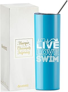 Onebttl Swimming Gifts, Swimmer Stainless Steel Skinny Tumbler for Women, Men, Teen Girls, Teammate, Coach (20oz, Live Love Swim, Blue)