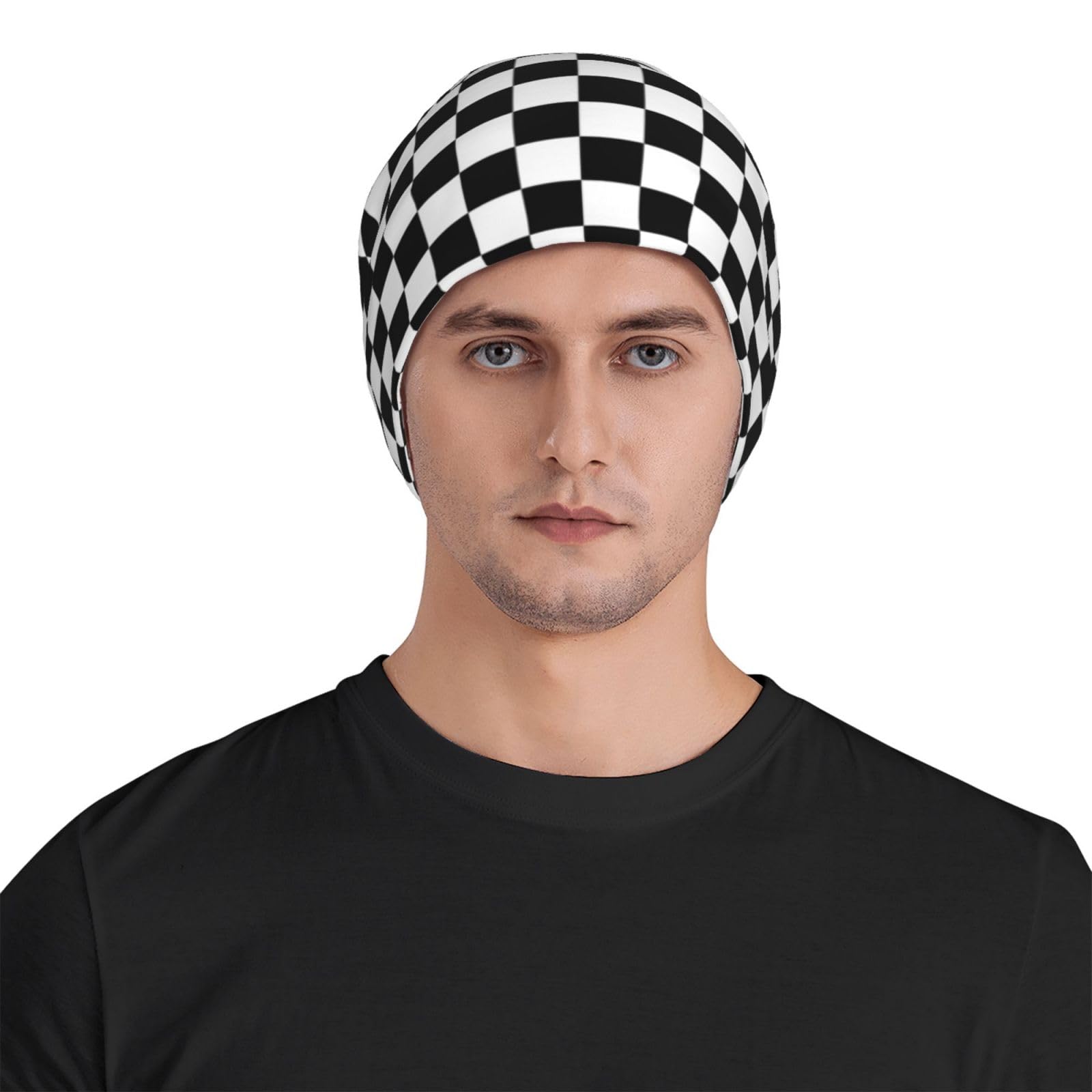 Black and White Plaid Skull Cap Warm Checkerboard Knit Hat Checkered Slouchy Beanie Hats Headwear Gift for Men Women