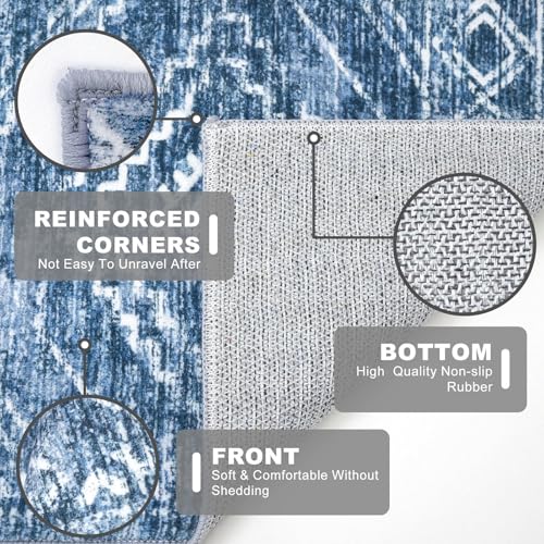 Image of KILOCOCO Boho Entryway Rug 3x5 Area Rug Washable Non Slip Printed Throw Rugs Soft for Kitchen Living Room Dining Bedroom Geometric Moroccan Carpet, Stonewashed Blue