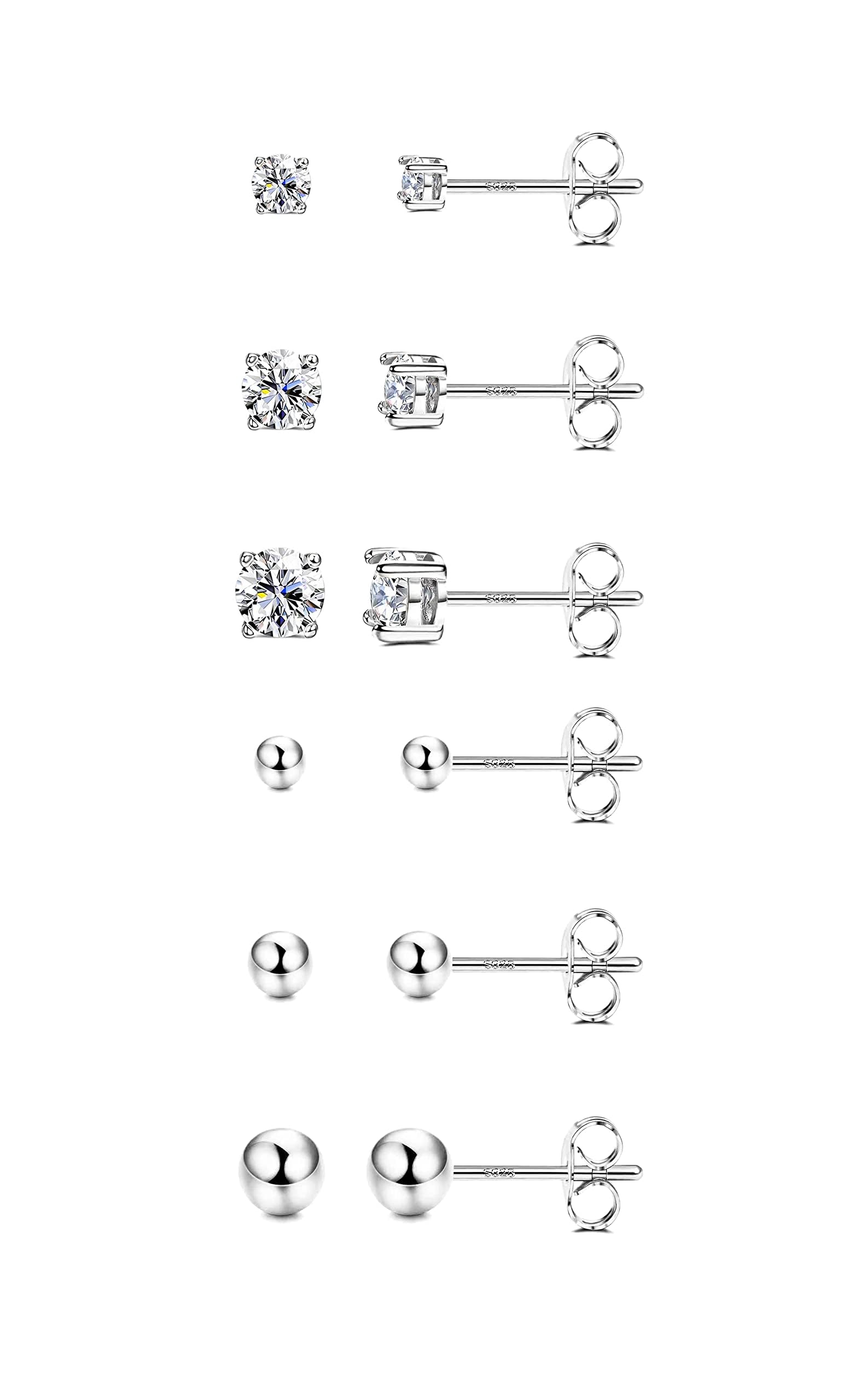 BESTEEL6 Pairs Sterling Silver Stud Earrings for Women, Cubic Zirconia Stud Earrings, Tiny Ball Stud Hypoallergenic Earrings, Small Tragus Cartilage Earrings Set for Men 2-4mm